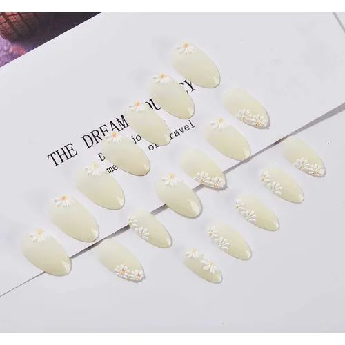 Vista 3 de RikView uñas postizas blancas en forma de almendra de longitud media, uñas adhesivas naturales, uñas en relieve con diseño de margarita