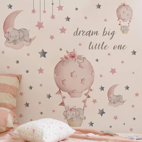 Vista 5 de Adhesivo de pared grande con diseño de elefante y elefante rosa durmiendo, sacinora Moon and Stars, vinilo extraíble para niños, guardería