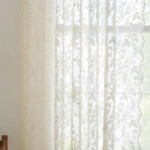 Vista 6 de FINECITY 2 paneles de cortinas de encaje beige de 36 pulgadas de largo con hojas florales rústicas, cortinas cortas y transparentes para ventana
