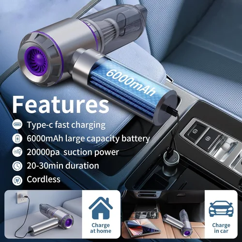 Vista 4 de NWDEY Aspiradora de coche de alta potencia 20000Pa - Mini aspiradora de mano inalámbrica y plumero de aire para coche y escritorio, hogar, oficina