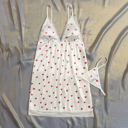 Vista 6 de OYOANGLE Conjunto de 2 piezas de satén con estampado de corazón de malla transparente para mujer, brasier y bragas con aros