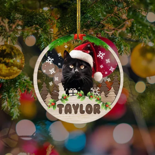 Vista 5 de Adorno personalizado de gato negro para regalo de Navidad de 2.90 x 2.90 pulgadas, acrílico personalizado con nombre de mascota, árbol para colgar