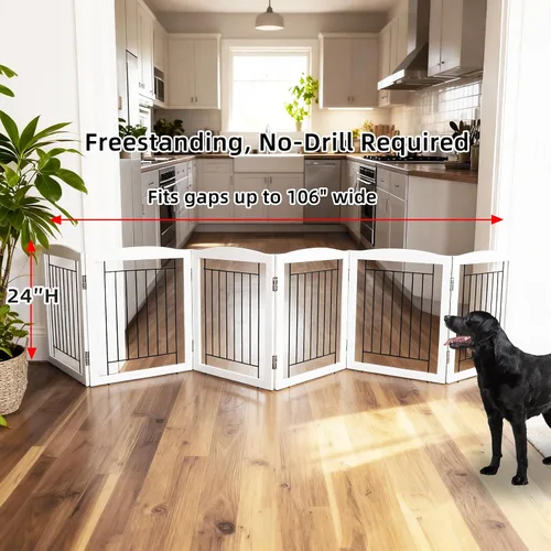 Vista 2 de ZJSF Puerta plegable independiente para perros, puerta de madera extra ancha blanca para cachorros, 6 paneles, puertas altas para mascotas