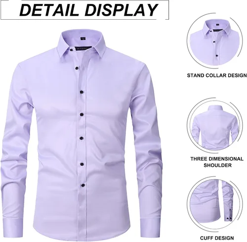 Vista 3 de ATOFY Camisa de vestir de manga larga para hombre, ajuste regular, informal, con botones, color liso