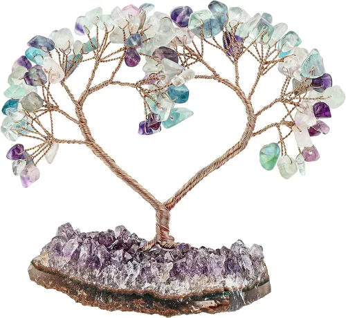 Vista 15 de mookaitedecor Árbol de cristal de corazón de aguamarina con base de amatista natural, árbol de dinero de la suerte para adorno de boda, Feng Shui