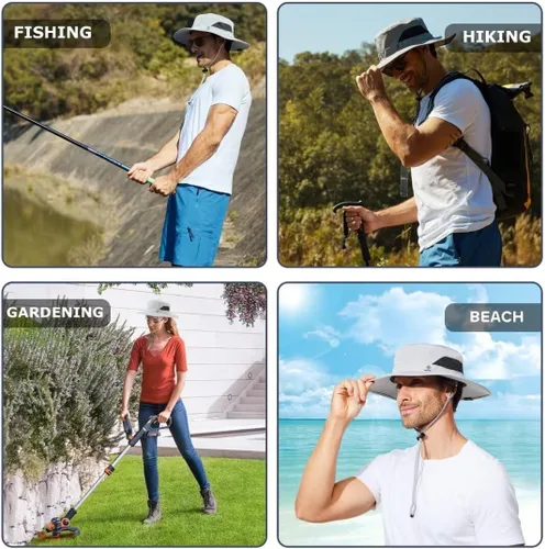 Vista 6 de Sombrero de pesca para hombre, sombrero de sol de ala ancha, protección UV SPF XL, XXL, tamaño grande, cabeza grande, senderismo, playa, safari