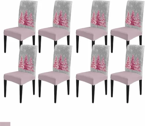 Vista 23 de Savannan - Juego de 4 fundas para sillas de árbol de Navidad, bolas de copos de nieve de color rojo invierno, fundas elásticas para sillas Parsons