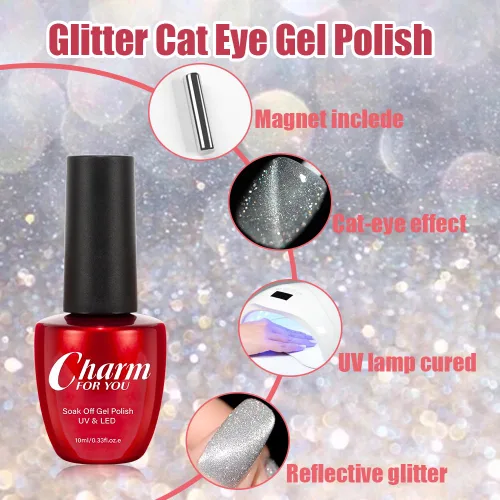 Vista 3 de VERONNI Esmalte de uñas de gel de ojo de gato con diamantes reflectantes, brillo plateado, ojo de gato, gel UV LED (E-01) con imán