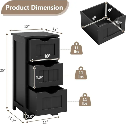 Vista 2 de COSTWAY Gabinete de almacenamiento para baño, gabinete de almacenamiento delgado que ahorra espacio con 3 cajones, gabinete de piso estrecho