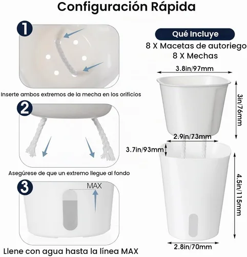 Vista 2 de Paquete de 8 macetas de riego automático de 4 pulgadas para plantas de interior, taza interior transparente, pequeñas macetas de plástico blanco
