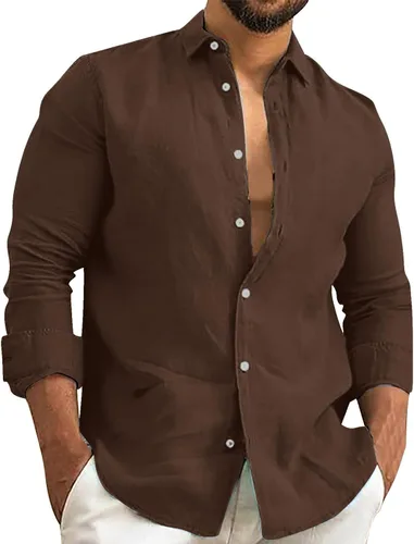 Vista 14 de Camisa de algodón y lino para hombre, manga larga, cuello liso, con botones, camiseta casual para playa y verano AG