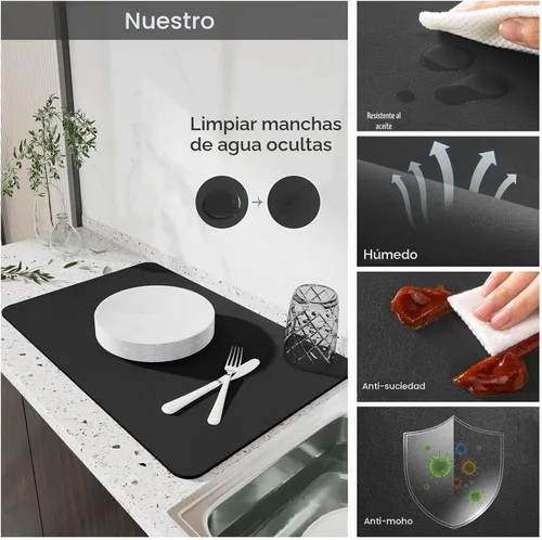 Vista 5 de Estera de secado para encimera de cocina, tapete de café con respaldo de goma absorbente que oculta manchas Negro
