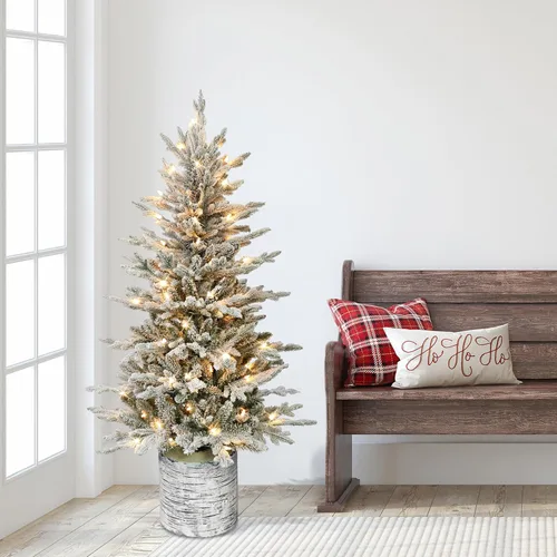 Vista 6 de Puleo International 4.5ft Pre-Lit Potted Flocked Arctic Fir Christmas Tree 419 puntas de ramas flocadas realistas, 70 luces incandescentes