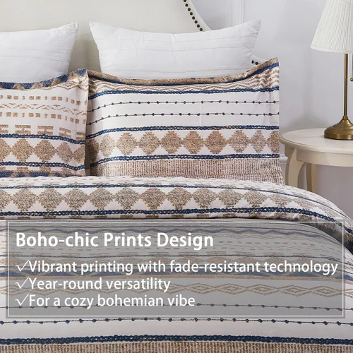 Vista 2 de Vaulia Funda de edredón de microfibra tamaño King, 3 piezas de ropa de cama con patrón geométrico de rayas beige para todas las estaciones con 1