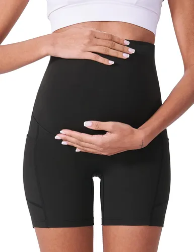 Vista 3 de POSHDIVAH Pantalones cortos de maternidad para mujer de 5 pulgadas 2 piezas negro