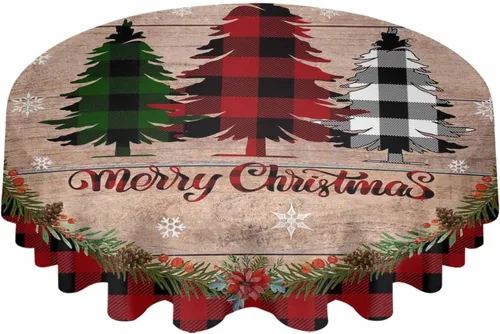 Vista 2 de Mantel redondo de árbol de Navidad, impermeable y resistente a las manchas, mantel lavable sin arrugas para comedor, fiesta, boda, Navidad, granja