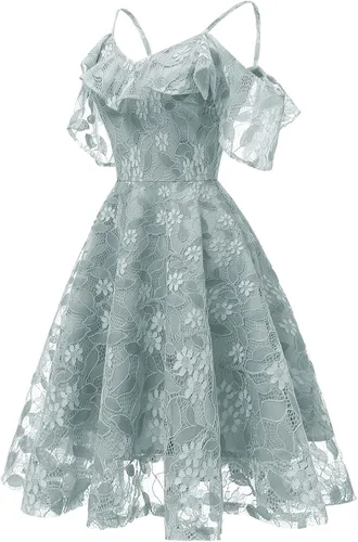 Vista 2 de 2021 Women's Floral Lace Cold Shouder Dress Swing Prom Party Cocktail Dresses Ruffle Sleeve Casual Fall Midi Pleated Dress