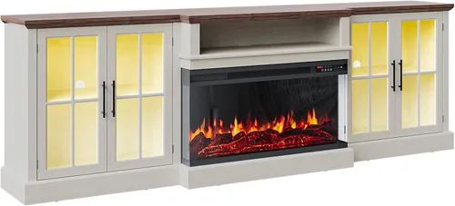 Vista 9 de Mueble de TV de estilo granja de 98" con chimenea de 36" para televisores de hasta 100", centro de entretenimiento multimedia con estantes 2-Blanco