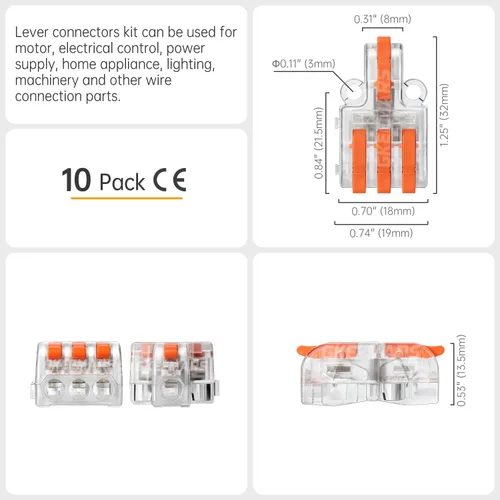 Vista 6 de 10 mini conectores de cable eléctrico, empalme de bricolaje en bloques de terminales de conector rápido de 4/6/8/9/10 vías (1 en 3 salidas, PC)