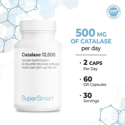 Vista 5 de Supersmart - Catalase 500mg por día (12500 CatU) - Enzima natural - Suplemento anti canas Sin OMG y sin gluten - 60 cápsulas de liberación