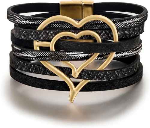 Vista 16 de Edoneery - Pulsera envolvente de cuero para mujer, brazalete de puño de múltiples capas hecho a mano estilo bohemio con cuentas de cristal
