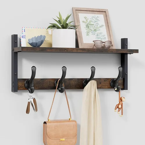 Vista 17 de Tatub Perchero rústico de 29 pulgadas con estante, ganchos de pared de entrada con estante, perchas para baño, sala de estar, dormitorio, negro