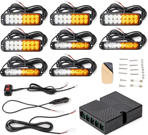 Vista 8 de Kit de luces estroboscópicas de emergencia LED ámbar y blanco, función de sincronización de 8 unidades ámbar blanco