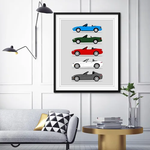 Vista 6 de Custom Car Posters Póster hecho a mano compatible con Mazda Miata (perfil lateral), decoración de la NA, NB, NC, ND, Miata Generations History