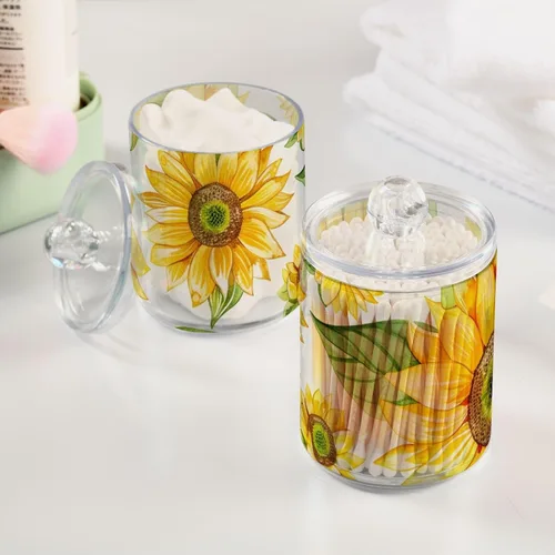 Vista 2 de Paquete de 2 dispensadores porta-hisopos Qtip para bolas de algodón, girasol amarillo, hisopos de algodón, almohadillas redondas de algodón, juego