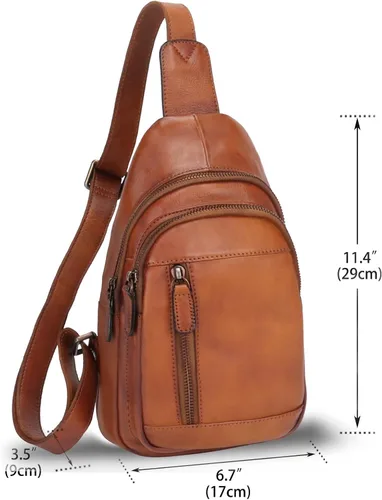 Vista 5 de Bolso bandolera de cuero genuino para el pecho, mochila cruzada casual, mochila vintage hecha a mano para senderismo, bolsa de motocicleta (marrón) M