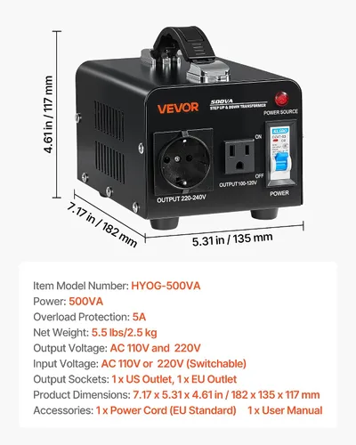Vista 7 de VEVOR Transformador convertidor de voltaje, 500 VA, transformador de potencia elevador/abajo de servicio pesado, convertir de 110 V a 220 V y 220 V