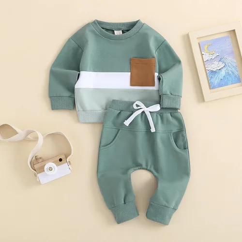 Vista 2 de BeQeuewll Ropa para bebé niño de otoño e invierno, 2 piezas, bloque de color, sudadera y pantalones con cuello redondo