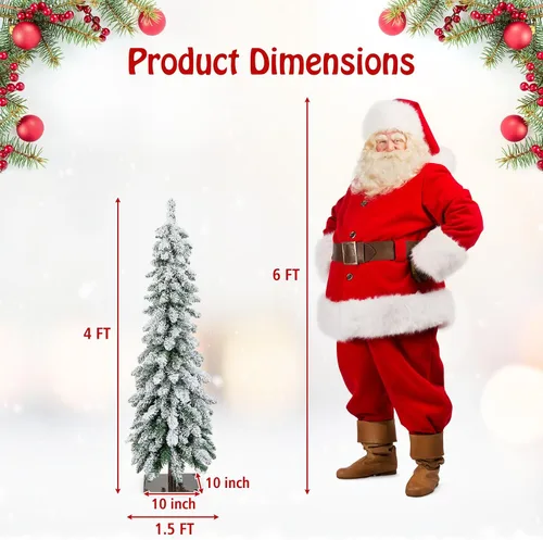Vista 7 de GOFLAME Árbol de Navidad artificial preiluminado de 4 pies, árbol de Navidad delgado con nieve en forma de lápiz con luces LED multicolor y blanco