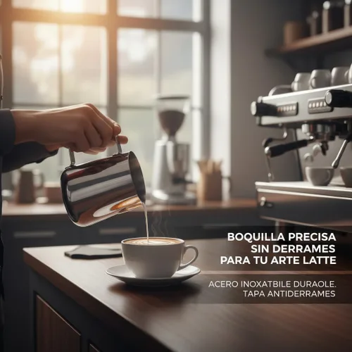 Vista 6 de Jarra de espuma de leche de acero inoxidable 11.8 fl oz con tapa, para arte con leche y espuma de café