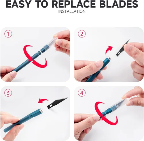 Vista 8 de FOSHIO Paquete de 2 cuchillos Exacto, cuchillo de pasatiempo azul con 10 cuchillas Exacto, cuchillo de manualidades con tapa de seguridad, cuchillo