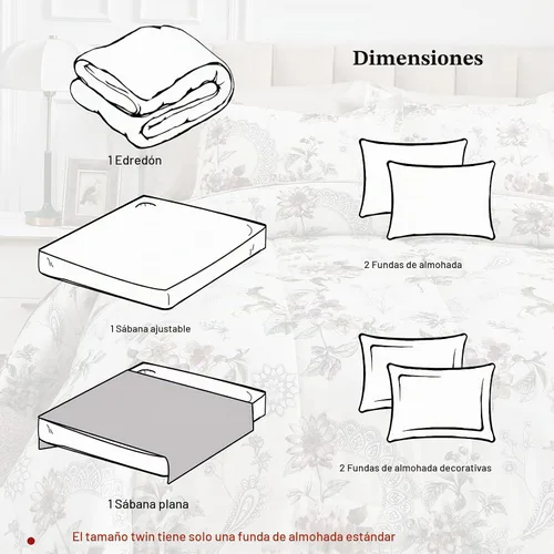 Vista 6 de Juego de edredón de 7 piezas tamaño Queen, diseño floral beige, de microfibra suave, para todas las estaciones