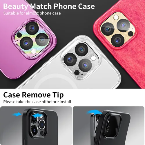 Vista 5 de Protector de lente de cámara para iPhone 14 Pro/iPhone 14 Pro Max, cobertura completa 3D con purpurina brillante, calidad de imagen sin afectación