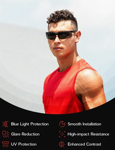 Vista 5 de Fiskr Lentes de repuesto polarizadas antiagua para gafas de sol Oakley Flak Jacket XLJ, paquete de 2 pares, Rojo fuego y azul hielo