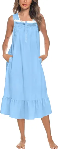 Vista 28 de YOZLY Camisones de algodón para mujer con bordado, sin mangas, con bolsillos S-XXXL