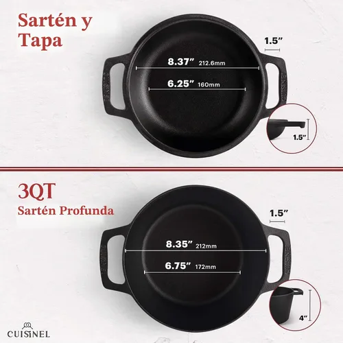 Vista 3 de Cuisinel Horno Holandés de Hierro Fundido - Olla Profunda de 3 Cuartos - Multicocina 2 en 1 Presazonada - Tapa Combinada que Funciona como Sartén