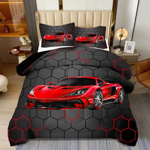 Vista 8 de Juego de Ropa de Cama Individual para Niños con Coches de Carrera, Juego de Edredón de Tamaño Individual con Coche Deportivo Azul para Niños, Juego