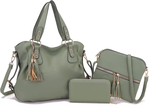 Vista 13 de Qiyuer - Juego de bolsos y carteras para mujer: bolso grande tipo bandolera, bolso tipo hobo y cartera, 3 piezas A01-3pcs/Set Gris