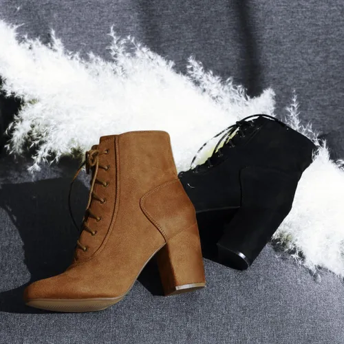 Vista 4 de Allegra K Botines de tacón grueso con cordones para mujer