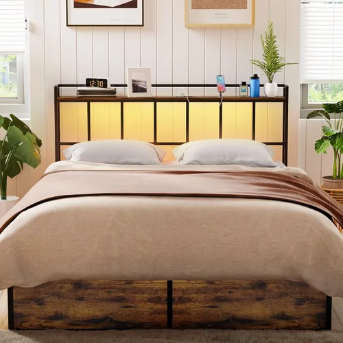 Vista 2 de LAKEMID Cabecera tamaño Queen, cabeceros con luz LED, salidas y puertos USB, cabecera con estante de almacenamiento, cabecera resistente y estable