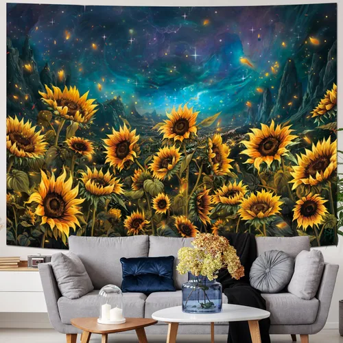 Vista 2 de Heynvioo Tapiz de girasol, galaxia, espacio, otoño, amarillo, floral, plantas, tapices, cielo estrellado, montaña, naturaleza, tapices para colgar