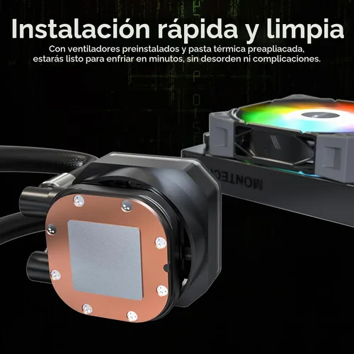 Vista 7 de MONTECH HyperFlow Digital 240 - Enfriador líquido de CPU, AIO de 9.449 in con bomba de 3100 RPM, 2 ventiladores E28 ARGB de 4.724 in, pantalla