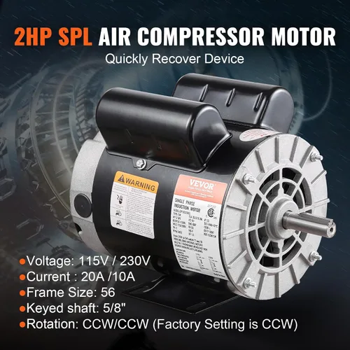 Vista 2 de VEVOR Motor Eléctrico de Compresor de Aire de 2 HP, 115/230V, 20/10 Amperios, Marco 56 3450 RPM, Eje Claveado de 5/8 Pulgadas, Longitud de Eje