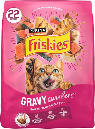 Vista 13 de Purina Friskies - Remolinos de salsa con sabores de pollo, salmón y salsa, comida seca para gatos, bolsa de 3.15 libras