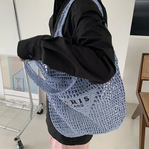 Vista 3 de Nueva bolsa tejida, bolsa de malla de paja, playa, bolso de hombro, hobo para mujer, plegable de gran capacidad, para vacaciones, picnic y fiesta.