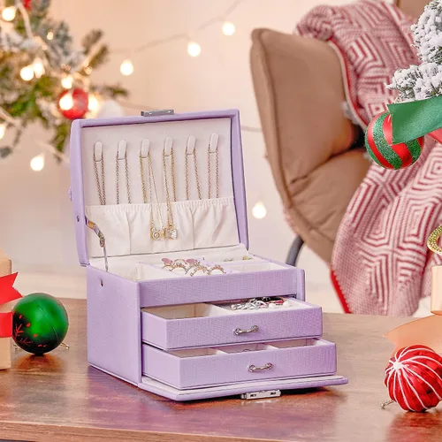 Vista 6 de BEWISHOME Caja de joyería para adolescentes caja organizadora de joyas de 3 capas con cerradura estuche de viaje de joyería para mujeres y niñas